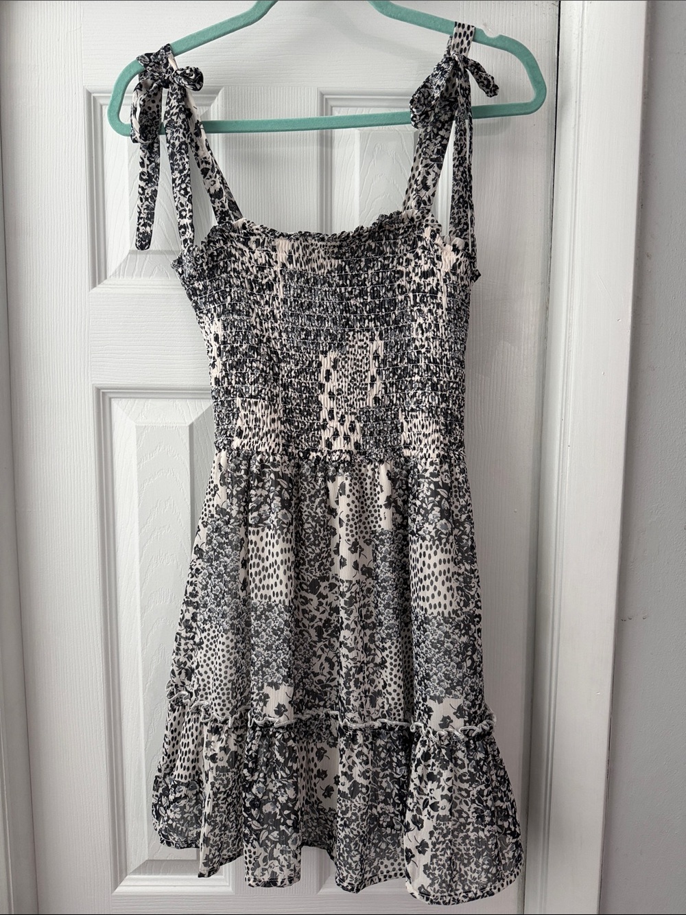 Altar'd State Black and White Smocked Mini Dress with Tie Straps size S